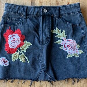 Haute Rouge Floral Embroidered Black Denim Skirt